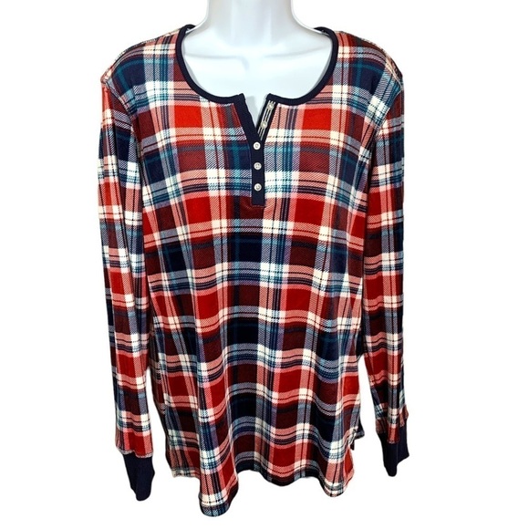 M New Nautica Red White Blue Flannel Fleece Long Sleeve Top Medium Stretch 8 10 - Picture 1 of 9